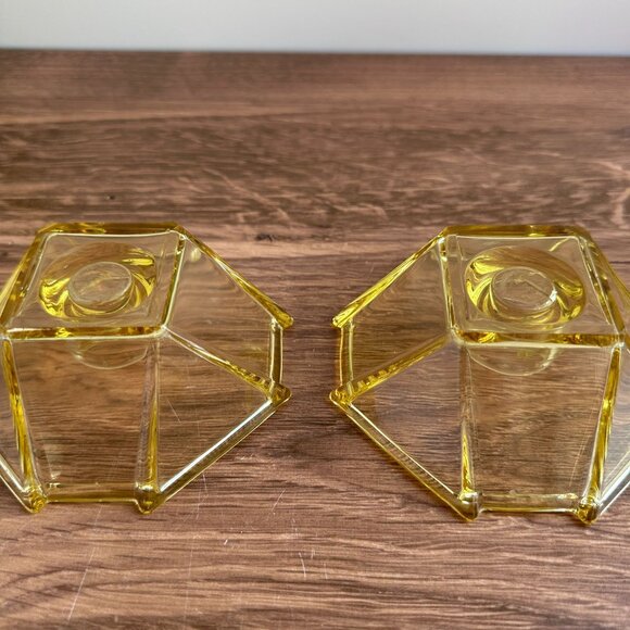 Fostoria 1930s Candle Holders, Yellow Deco Glass Pair - Picture 9 of 11